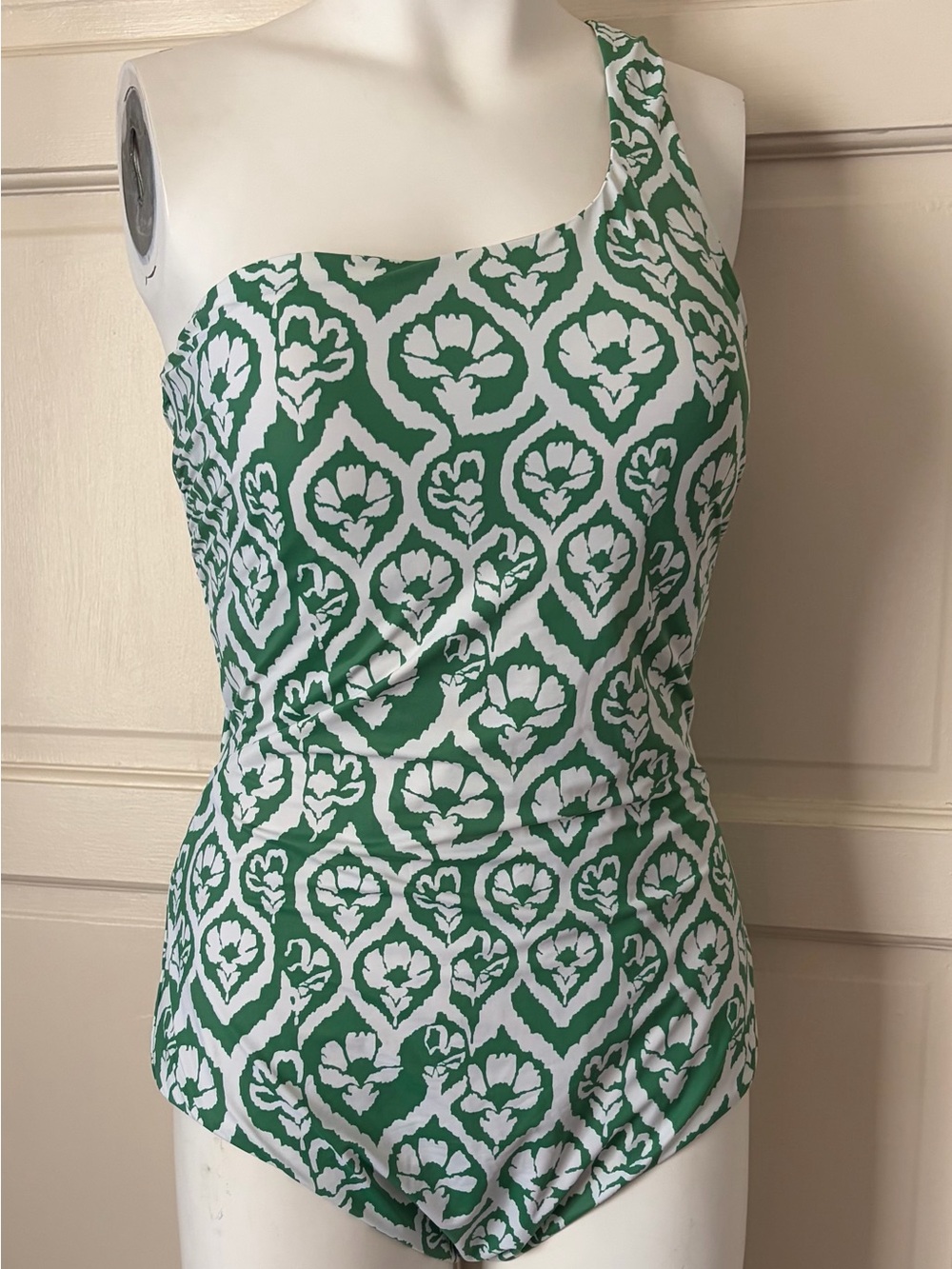 White House Black Market Green and White One-Shoulder One-Piece Swimsuit